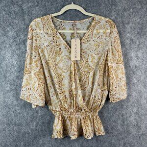 Esqualo Sheer Blouse Size 4 Cream Peplum Boho Chic Business Casual Y2K Style NWT